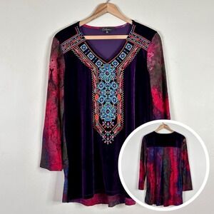 Top Women SM Whimsigoth Hippie Boho Peasant Art To Wear Embroidered Purple Tunic